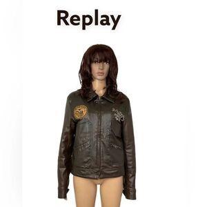 Replay Vintage Brown Faux Leather Biker Quilted Interior Jacket S